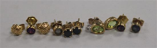 Five pairs of assorted gem set ear studs including 9ct gold.